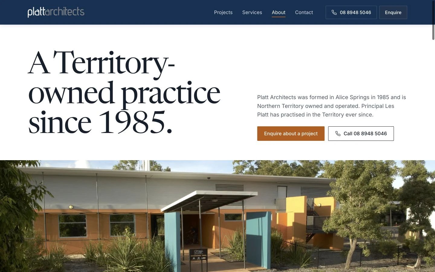 Platt Architects: About design, showing “A Territory-owned practice since 1985.”