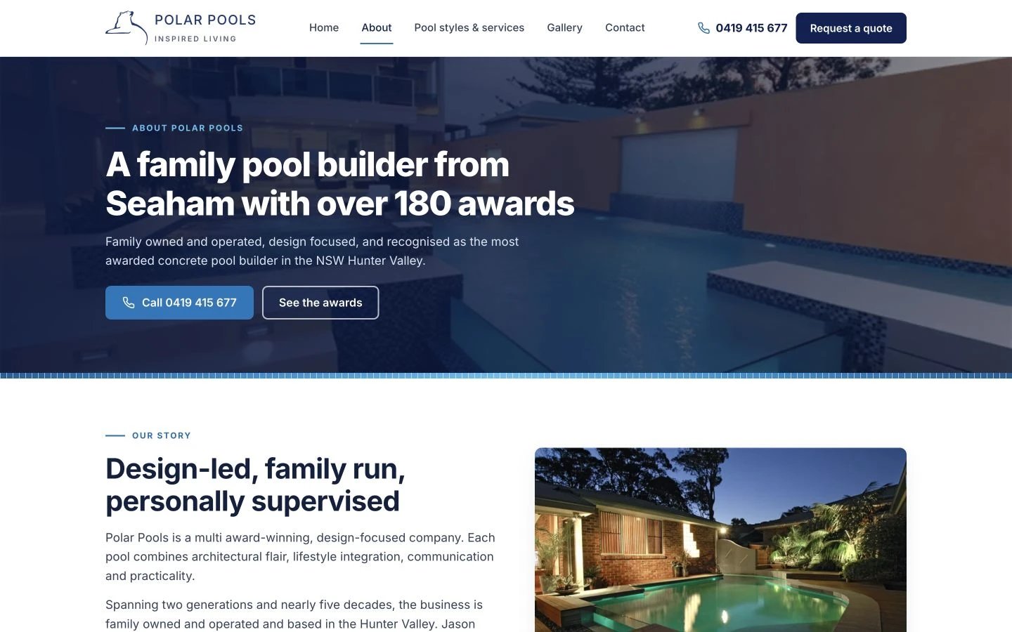 Polar Pools: About design, showing “A family pool builder from Seaham with over 180 awards”