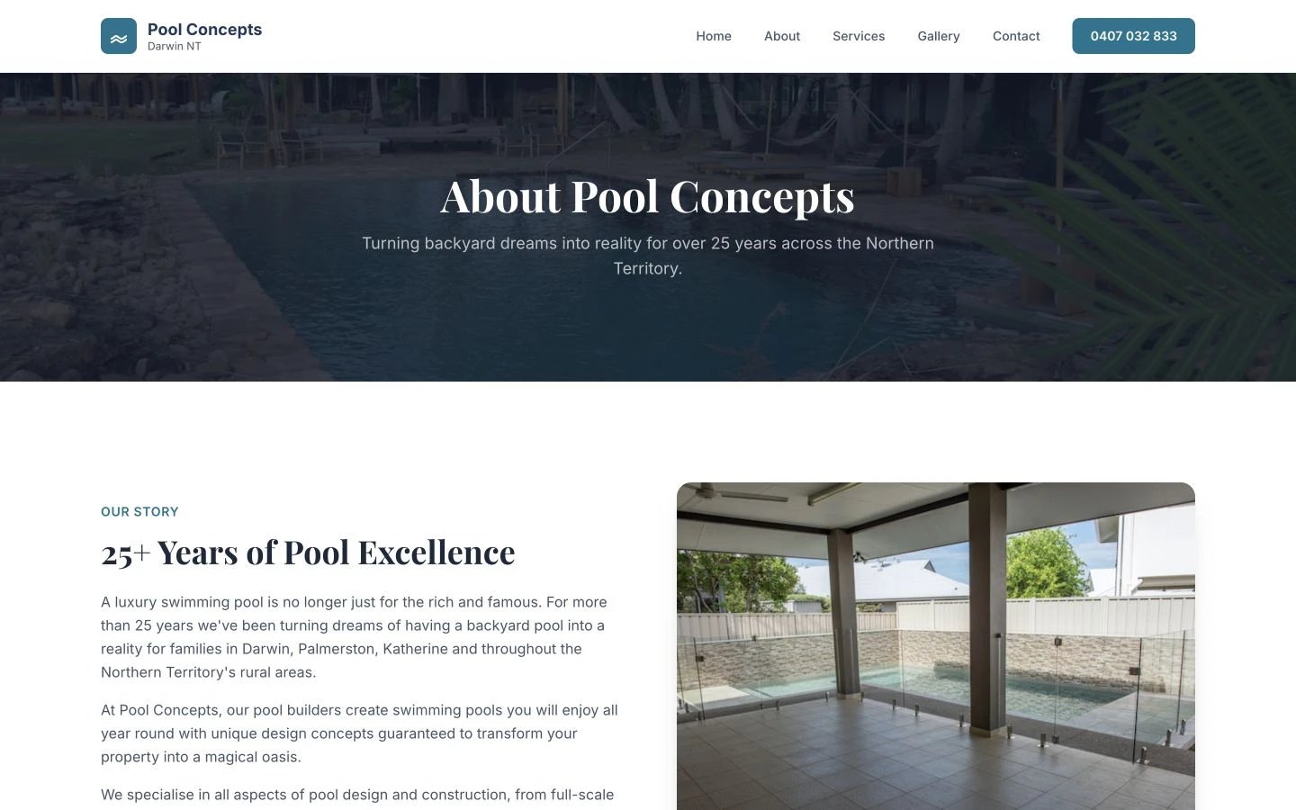 Pool Concepts: About design, showing “About Pool Concepts”