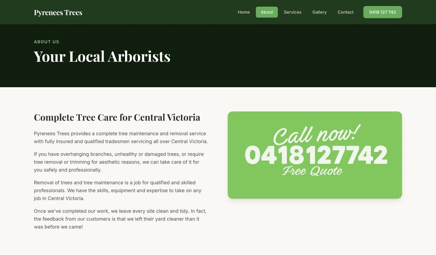 Pyrenees Trees: About design, showing “Your Local Arborists”