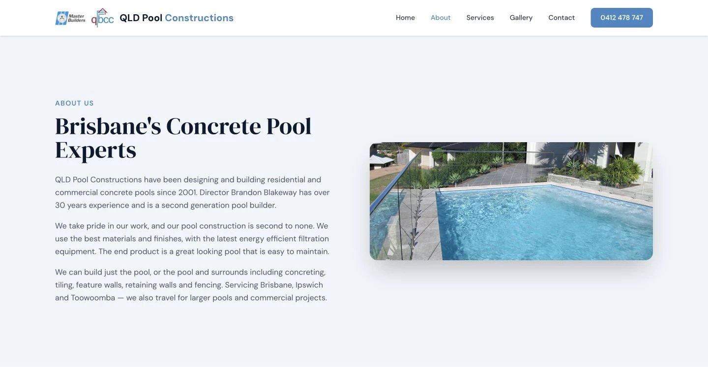 QLD Pool Constructions: About design, showing “Brisbane's Concrete Pool Experts”