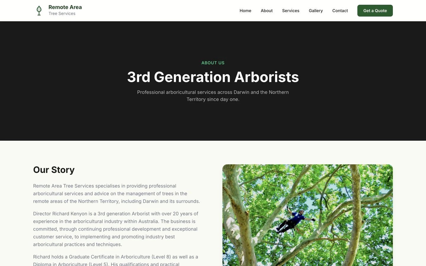 Remote Area Tree Services: About design, showing “3rd Generation Arborists”