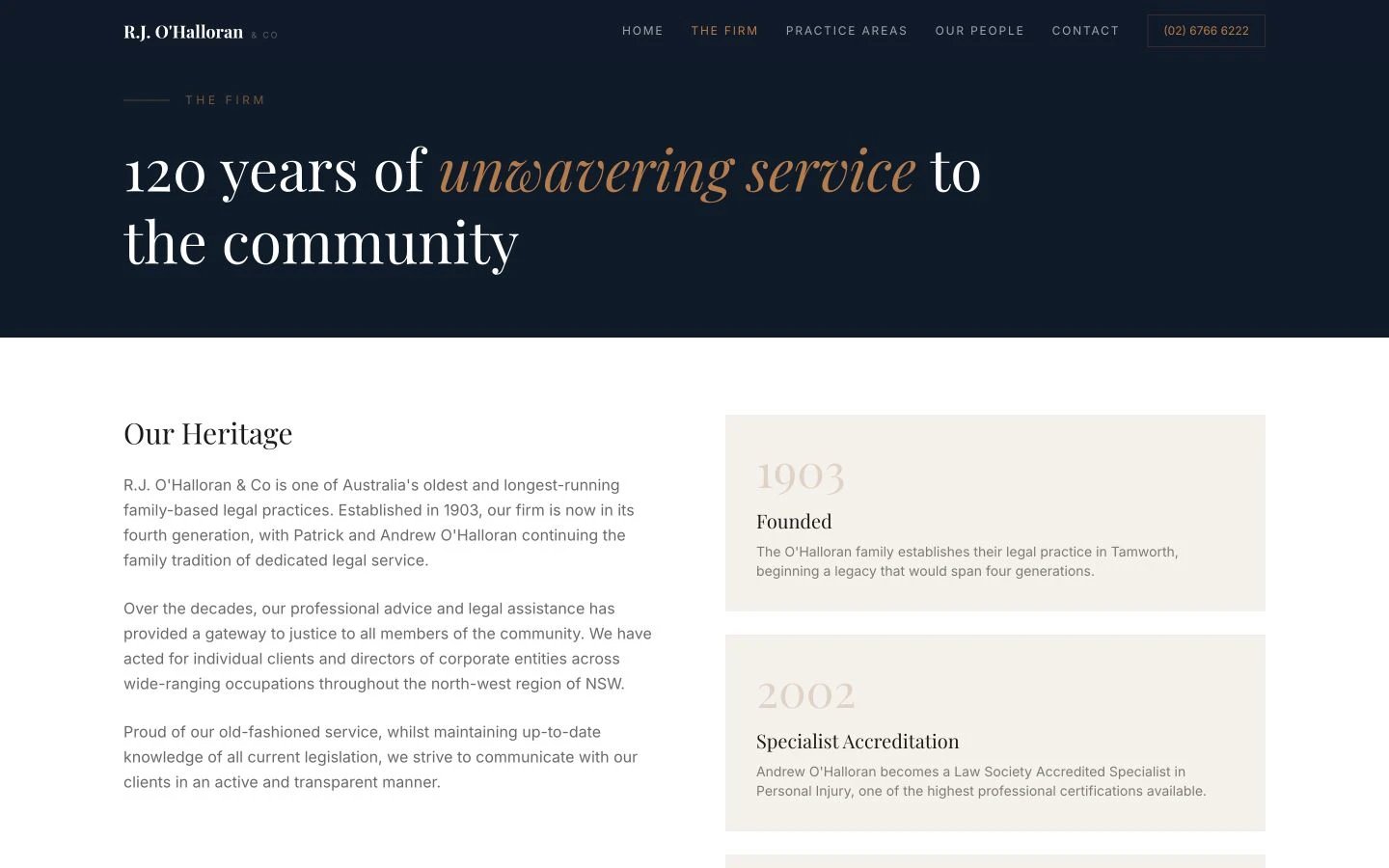 R.J. O'Halloran & Co: About design, showing “120 years of unwavering service to the community”