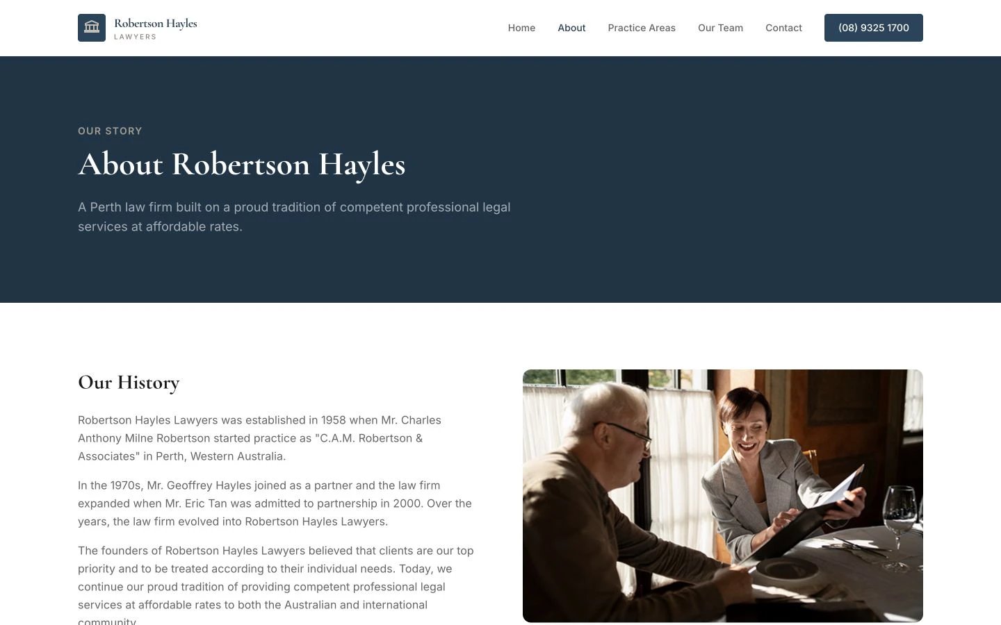 Robertson Hayles Lawyers: About design, showing “About Robertson Hayles”