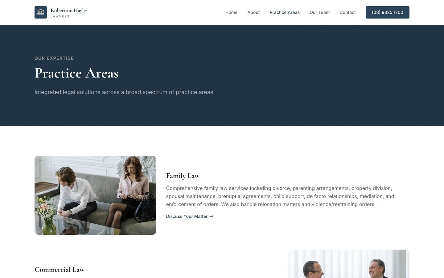 Robertson Hayles Lawyers: Practice Areas desktop layout