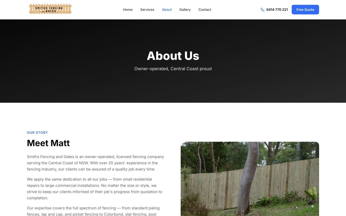 Smiths Fencing and Gates: About design, showing “About Us”