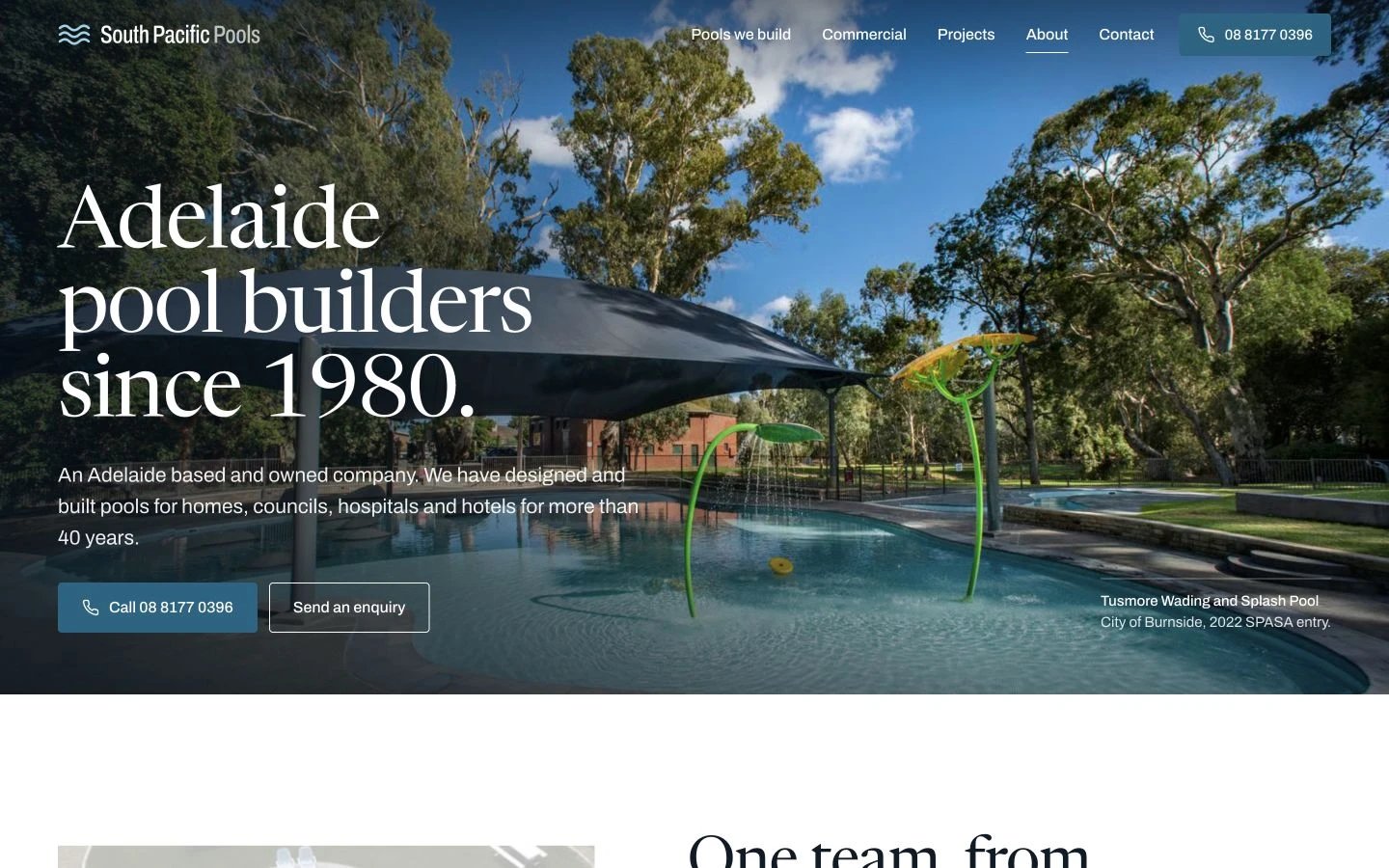 South Pacific Pools: About design, showing “Adelaide pool builders since 1980.”