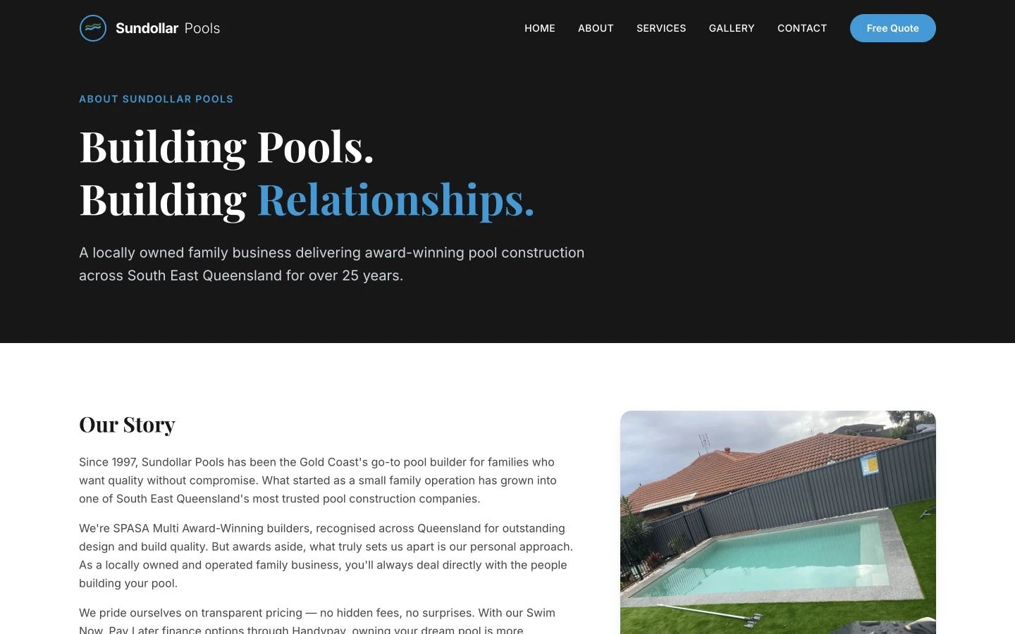 Sundollar Pools: About design, showing “Building Pools. Building Relationships.”