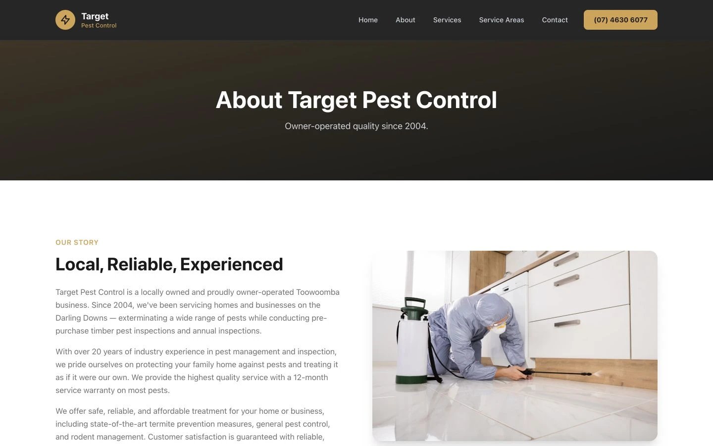 Target Pest Control: About design, showing “About Target Pest Control”