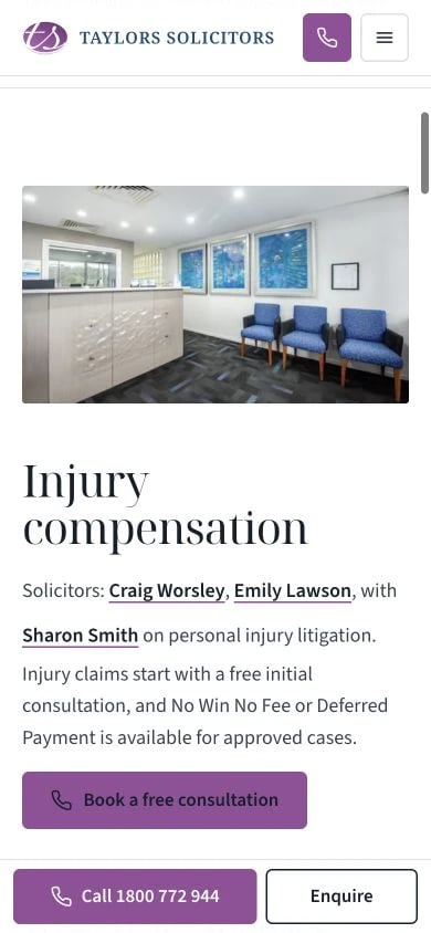 Taylors Solicitors: Services mobile layout