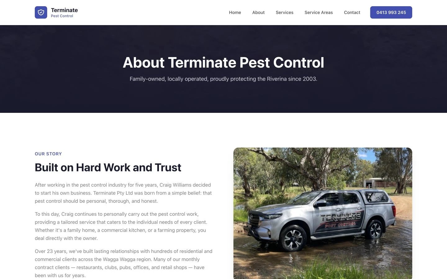 Terminate Pest Control: About design, showing “About Terminate Pest Control”