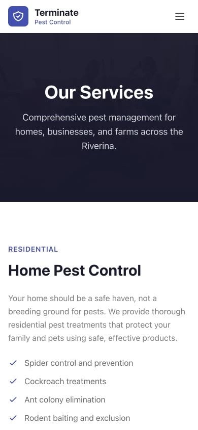 Terminate Pest Control: Services mobile layout