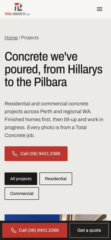 Total Concrete: Projects mobile layout