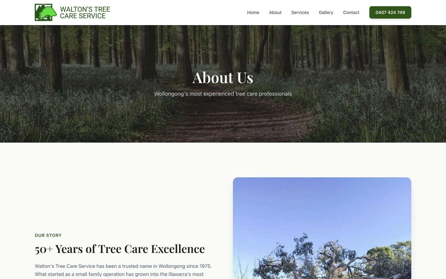 Walton's Tree Care Service: About design, showing “About Us”