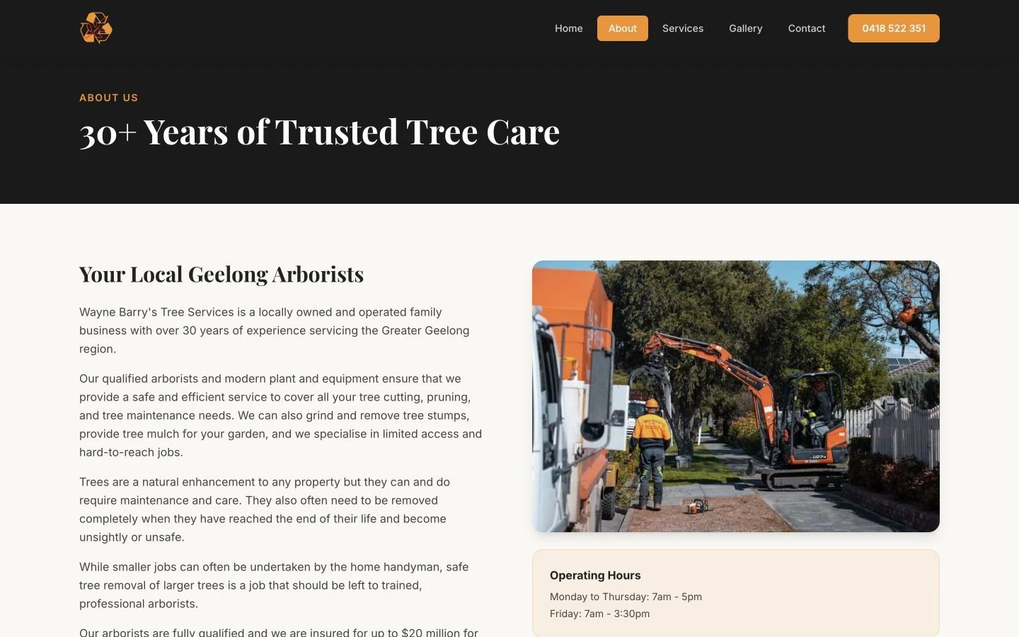 Wayne Barry's Tree Services: About design, showing “30+ Years of Trusted Tree Care”