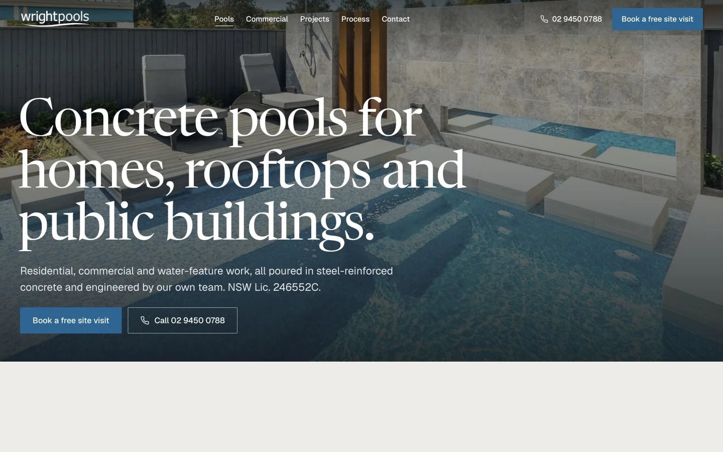 Wright Pools: Services design, showing “Concrete pools for homes, rooftops and public buildings.”