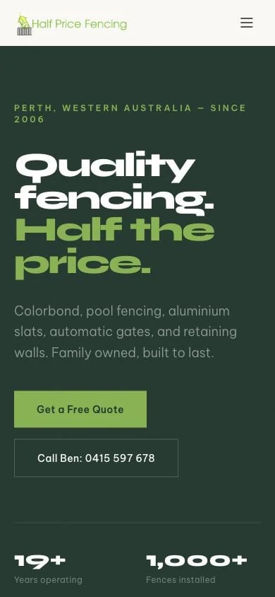 Half Price Fencing concept at mobile width