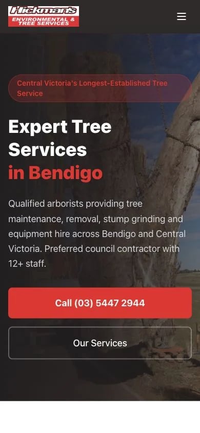Hickman's Tree Services concept at mobile width