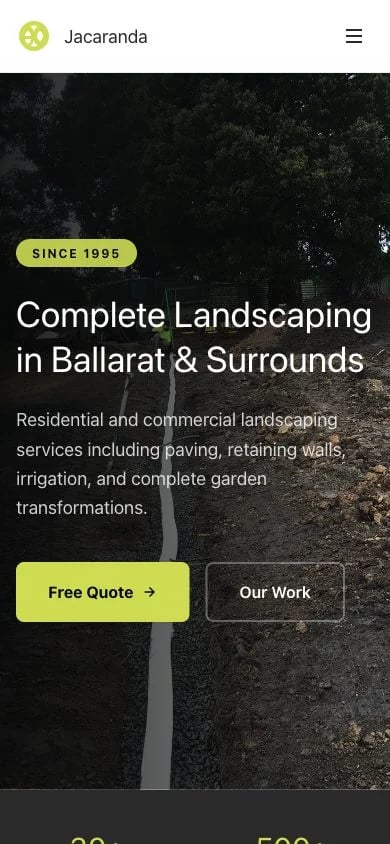 Jacaranda Landscapes & Paving concept at mobile width