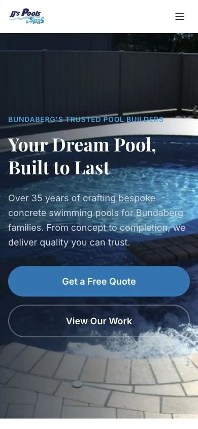 JJ's Pools & Spas concept at mobile width