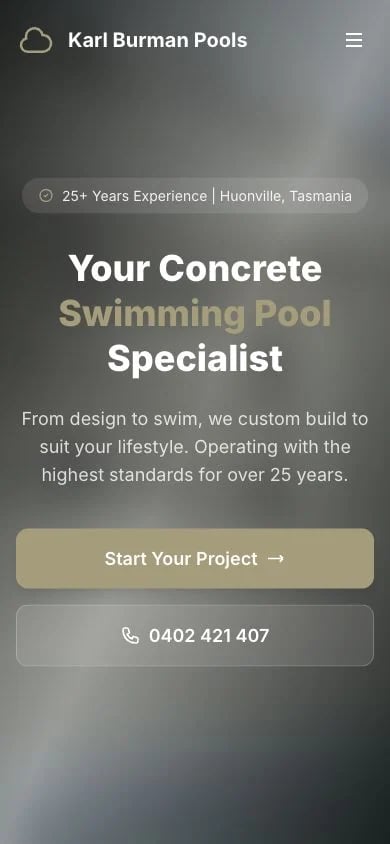 Karl Burman Pools concept at mobile width