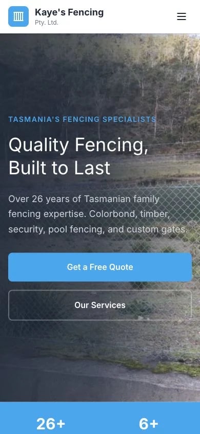 Kaye's Fencing concept at mobile width