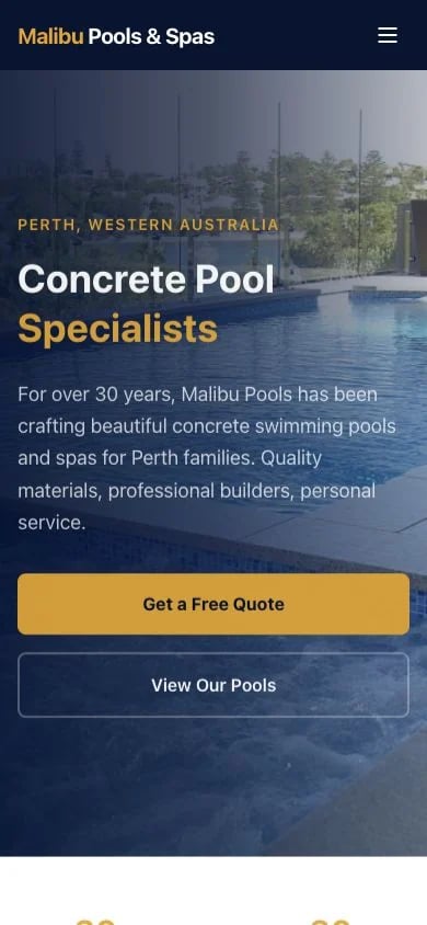 Malibu Pools and Spas concept at mobile width