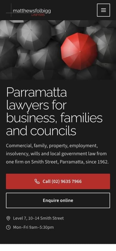 Matthews Folbigg Lawyers concept at mobile width
