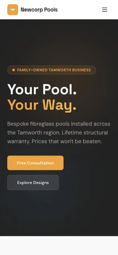Newcorp Pools concept at mobile width