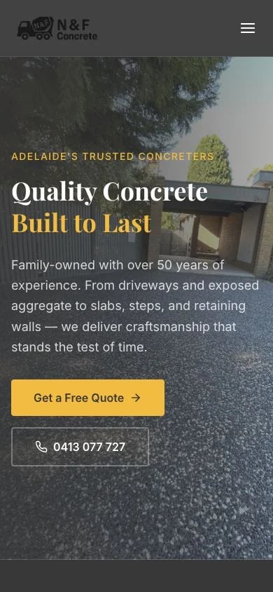 N & F Concrete Specialists concept at mobile width