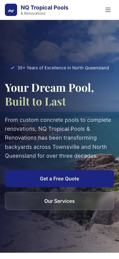 NQ Tropical Pools & Renovations concept at mobile width