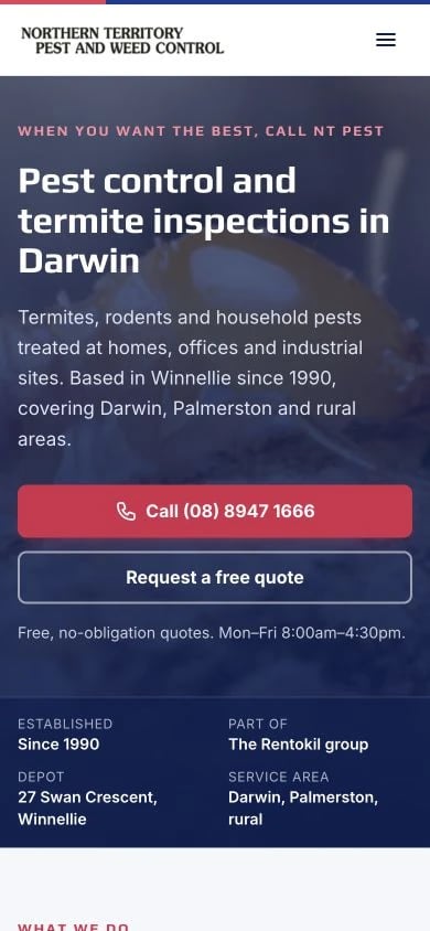 NT Pest & Weed Control concept at mobile width
