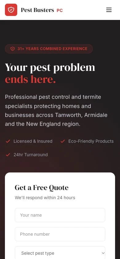 Pest Busters PC concept at mobile width