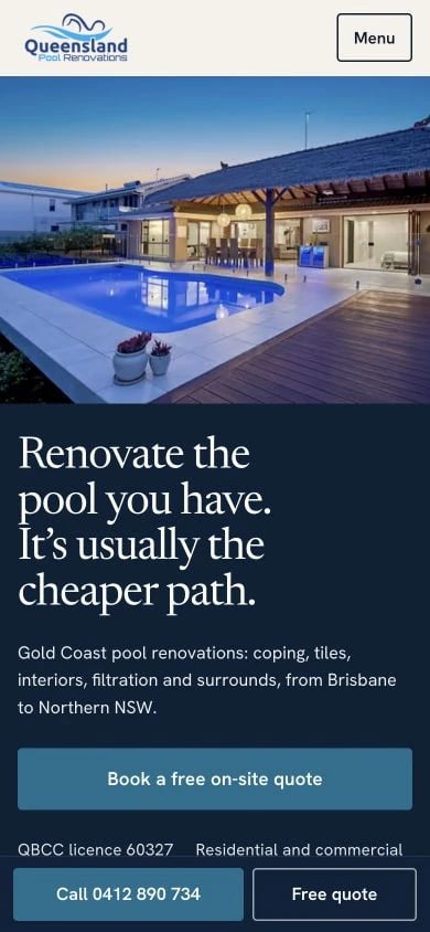 Queensland Pool Renovations concept at mobile width