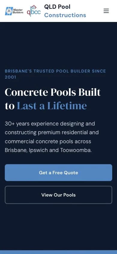 QLD Pool Constructions concept at mobile width