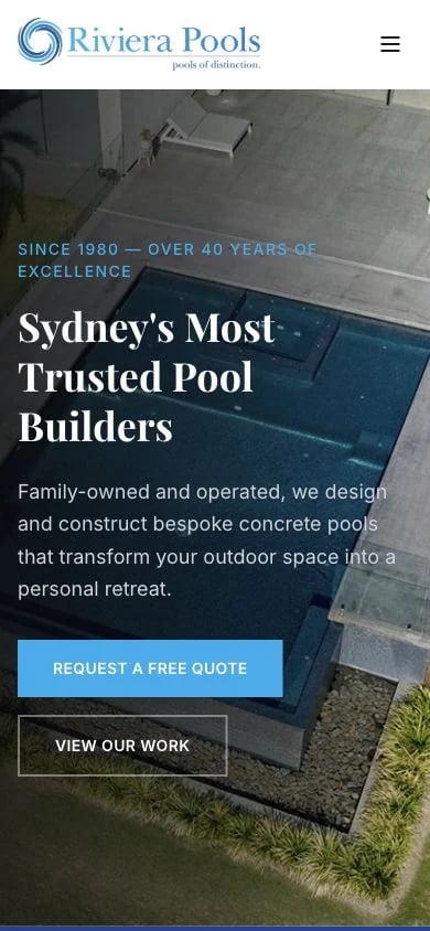 Riviera Pools concept at mobile width