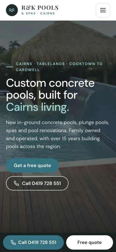 R&K Pools & Spas concept at mobile width