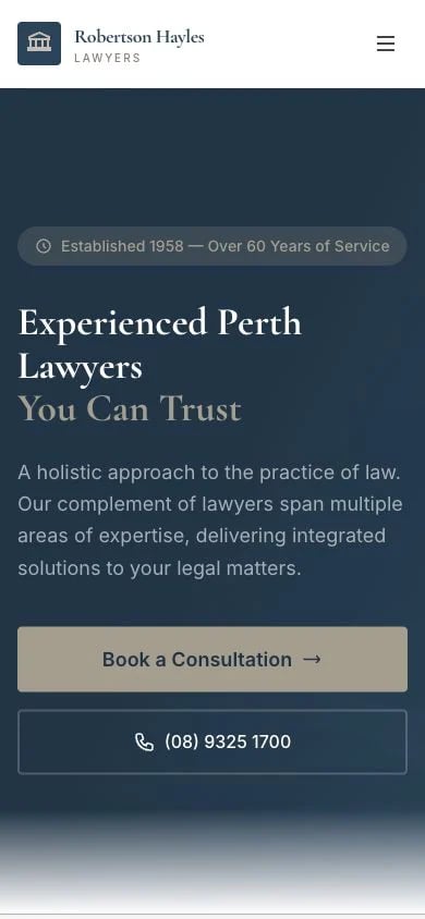 Robertson Hayles Lawyers concept at mobile width