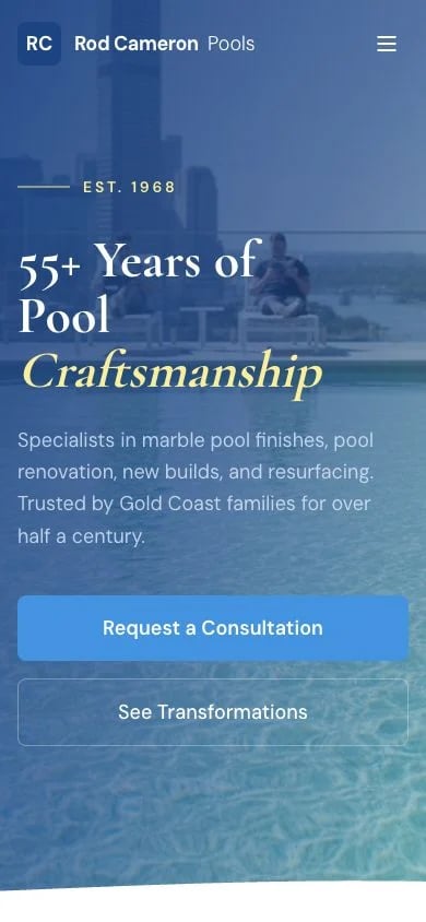 Rod Cameron Pools concept at mobile width