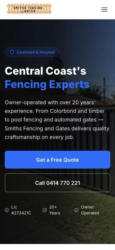 Smiths Fencing and Gates concept at mobile width