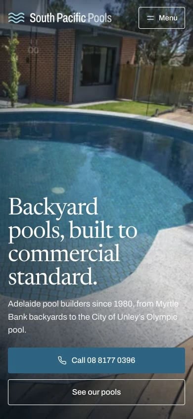 South Pacific Pools concept at mobile width