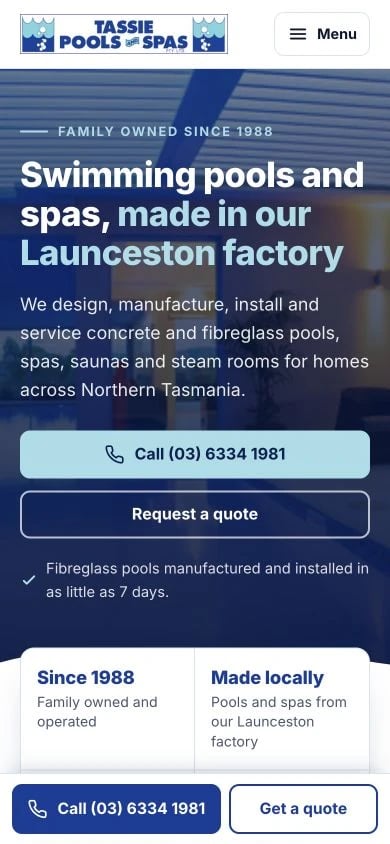 Tassie Pools and Spas concept at mobile width
