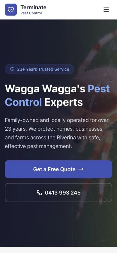 Terminate Pest Control concept at mobile width