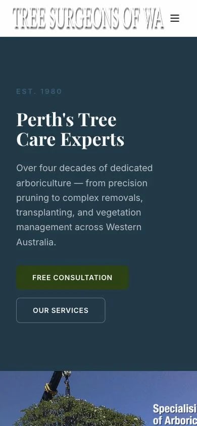 Tree Surgeons of WA concept at mobile width
