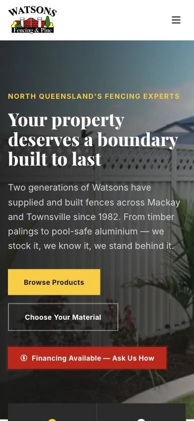 Watsons Fencing & Pine concept at mobile width