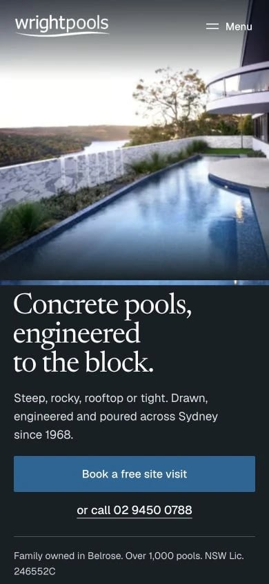 Wright Pools concept at mobile width