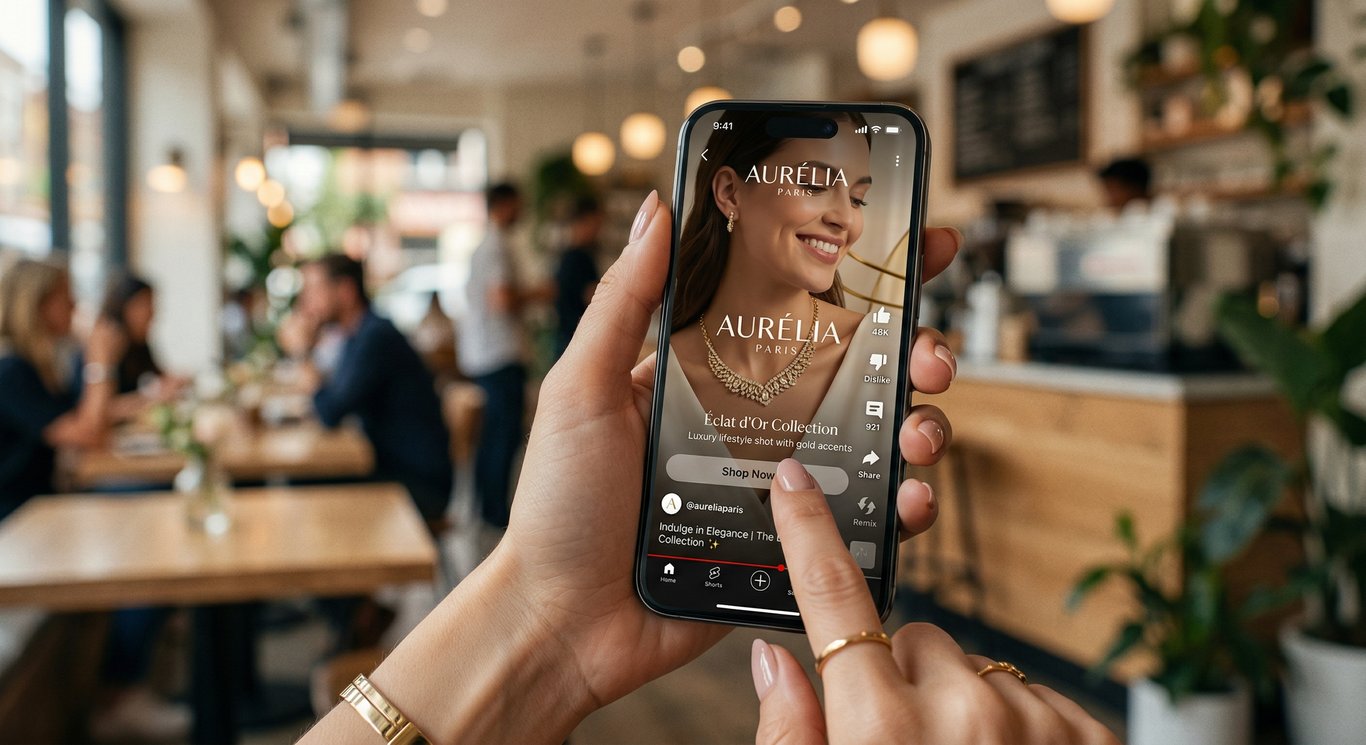Lüks bir markanın YouTube Shorts reklamının gösterildiği modern bir akıllı telefon ekranı