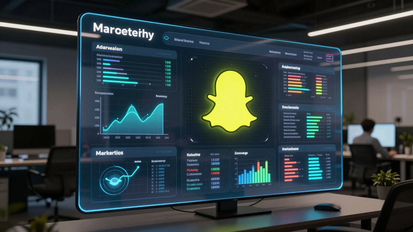 Snapchat reklam metriklerini gösteren fütüristik dijital pazarlama paneli