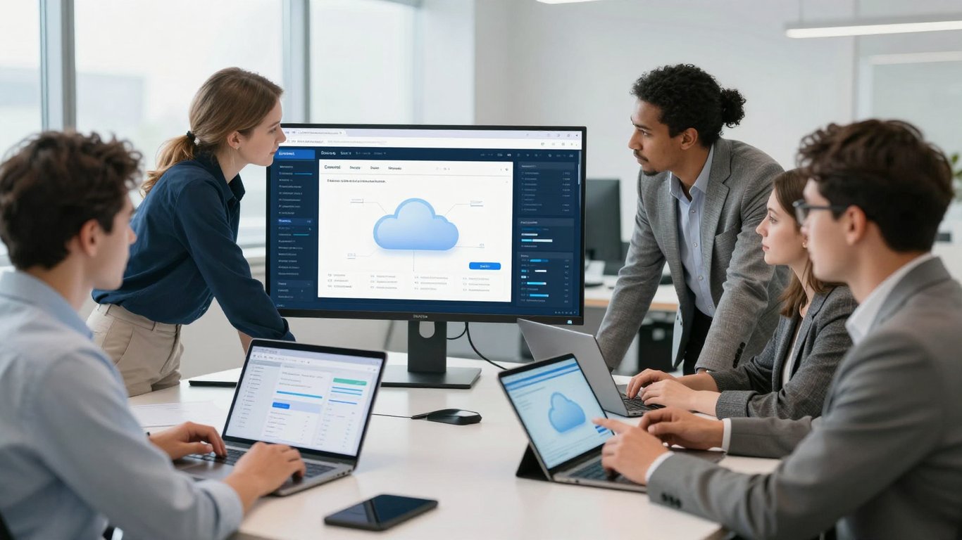 Modern ofiste bulut tabanlı araçlarla çalışan profesyonel ekip