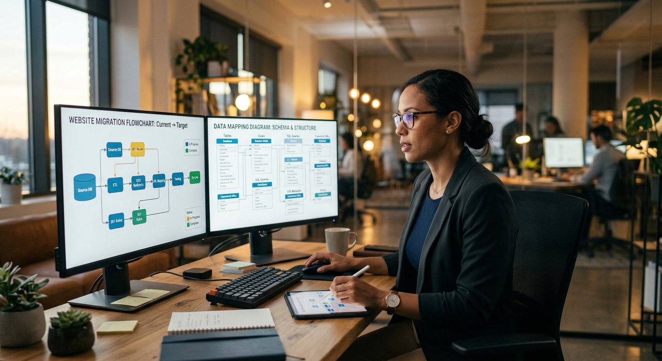 Uzman ekip e-ticaret sitesi taşıma sürecindeki veri haritalandırmasını analiz ediyor